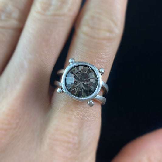 Chunky Silver Statement Ring with Smokey Crystal, Handmade, Nickel Free - Noir
