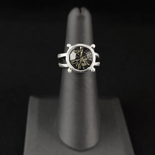 Chunky Silver Statement Ring with Smokey Crystal, Handmade, Nickel Free - Noir