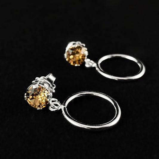 Citrine Crystal Circle Accent Silver Minimalist Stud Earrings - Handmade, Nickel Free - Ulla