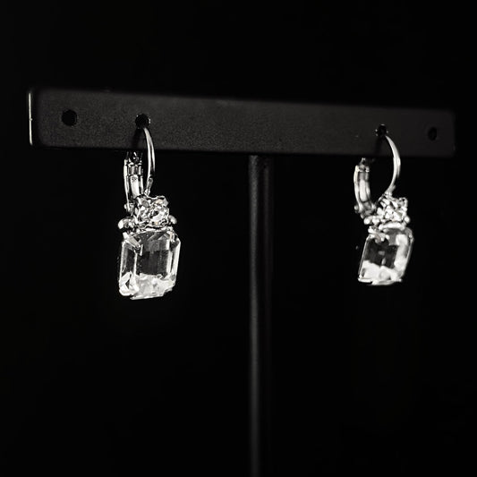 Clear Crystal Emerald Cut Earrings with Silver Finish