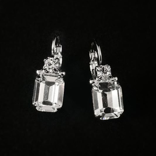 Clear Crystal Emerald Cut Earrings with Silver Finish