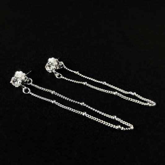 Clear Crystal Stud With Dainty Silver Chain Accent Minimalist Earrings - Handmade, Nickel Free - Ulla