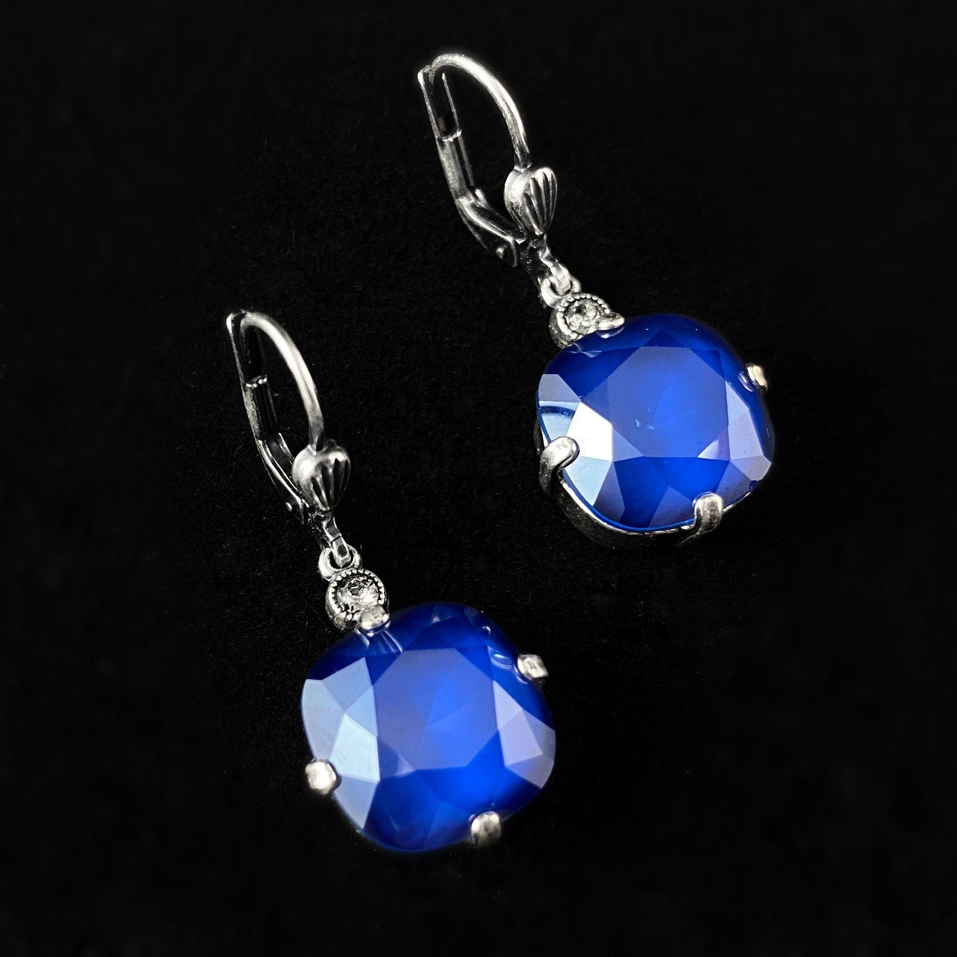 Cobalt Blue Cushion Cut Swarovski Crystal Drop Earrings- La Vie Parisienne by Catherine Popesco