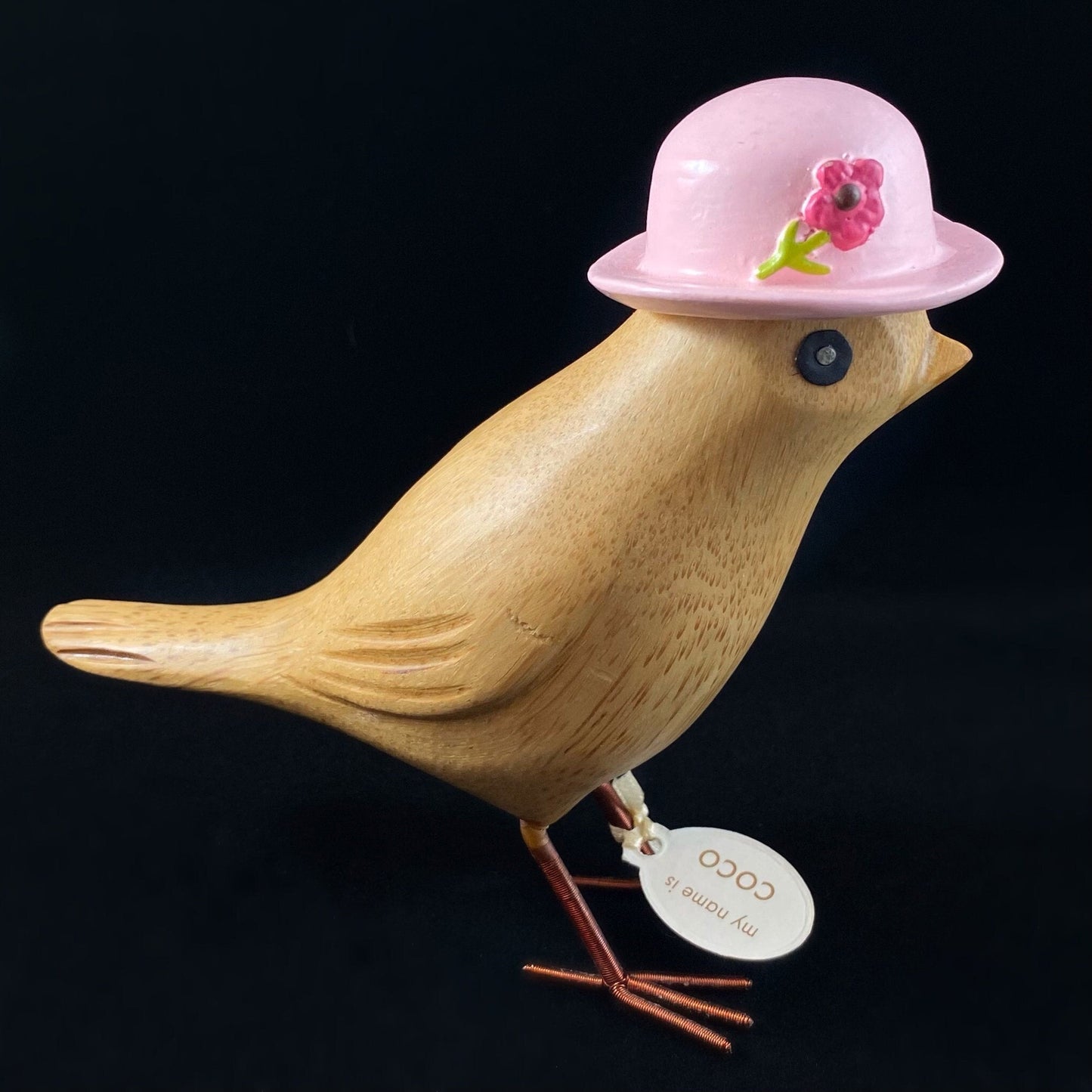 Coco - Hand-carved Wooden Bird with Hand-painted Hat, Bamboo