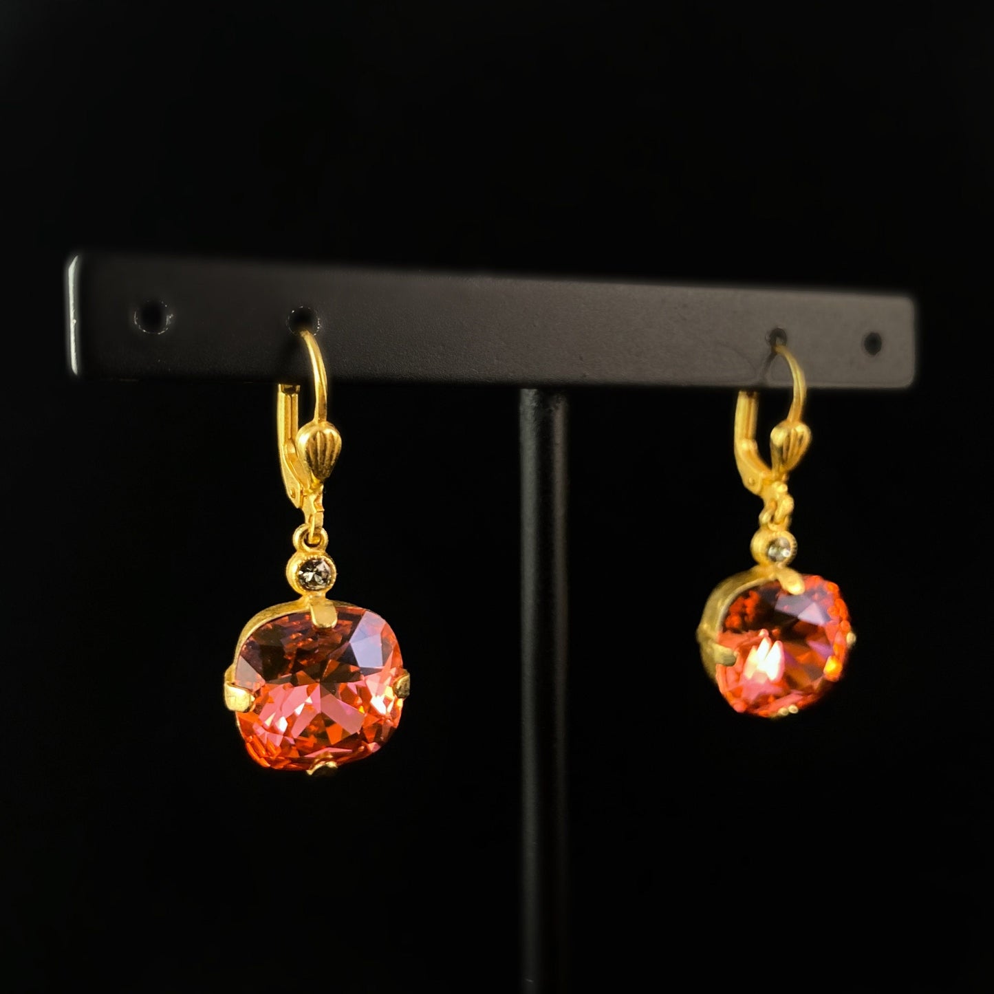 Coral Pink Cushion Cut Swarovski Crystal Drop Earrings- La Vie Parisienne by Catherine Popesco