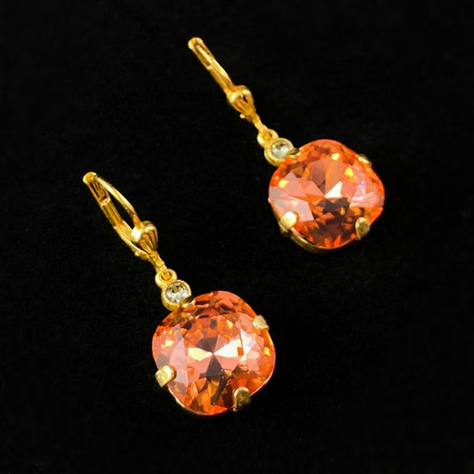 Coral Pink Cushion Cut Swarovski Crystal Drop Earrings- La Vie Parisienne by Catherine Popesco