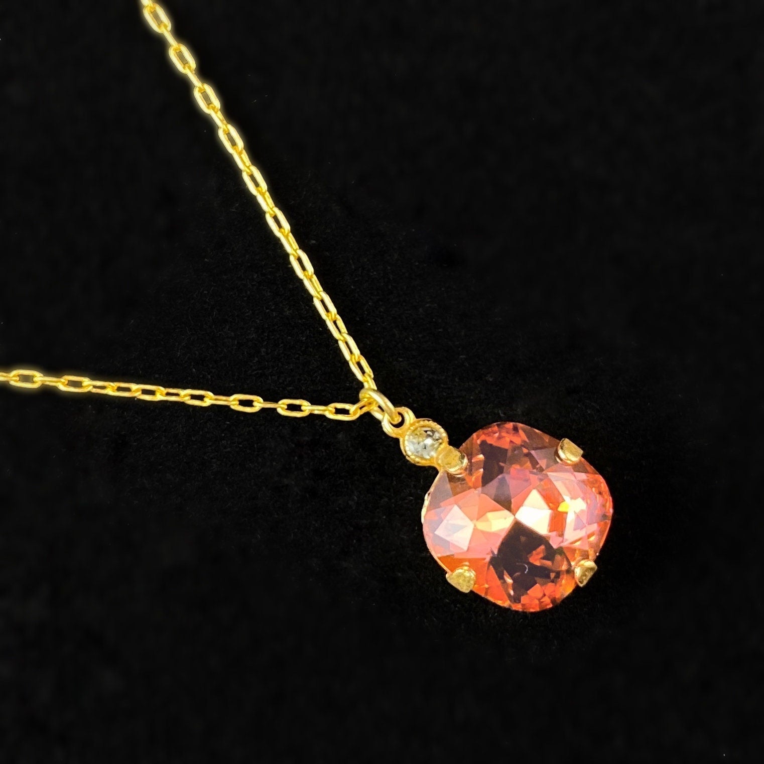 Coral Pink Cushion Cut Swarovski Crystal Pendant with Tiny Crystal Detailing - La Vie Parisienne by Catherine Popesco