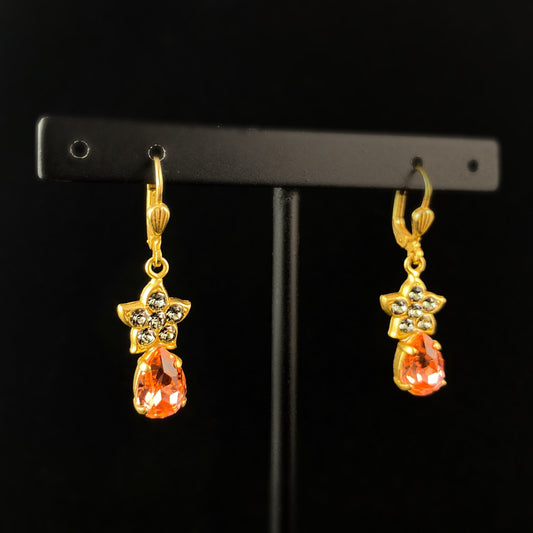 Coral Pink Swarovski Crystal Drop Earrings with Floral Star Detailing- La Vie Parisienne by Catherine Popesco