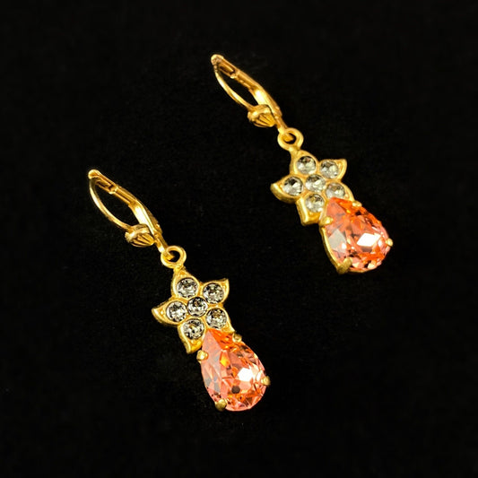 Coral Pink Swarovski Crystal Drop Earrings with Floral Star Detailing- La Vie Parisienne by Catherine Popesco