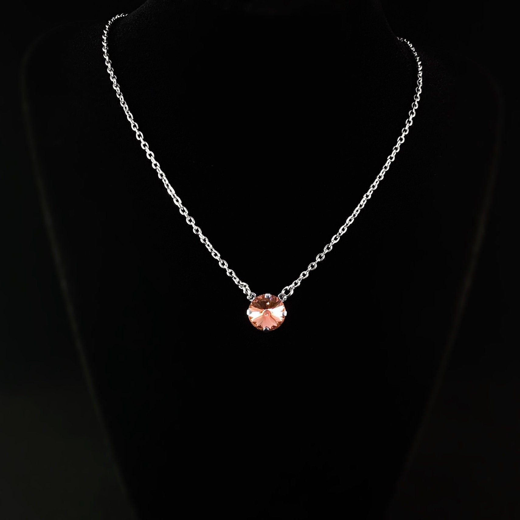 Coral Pink Swarovski Crystal Silver Chain Necklace - VBC