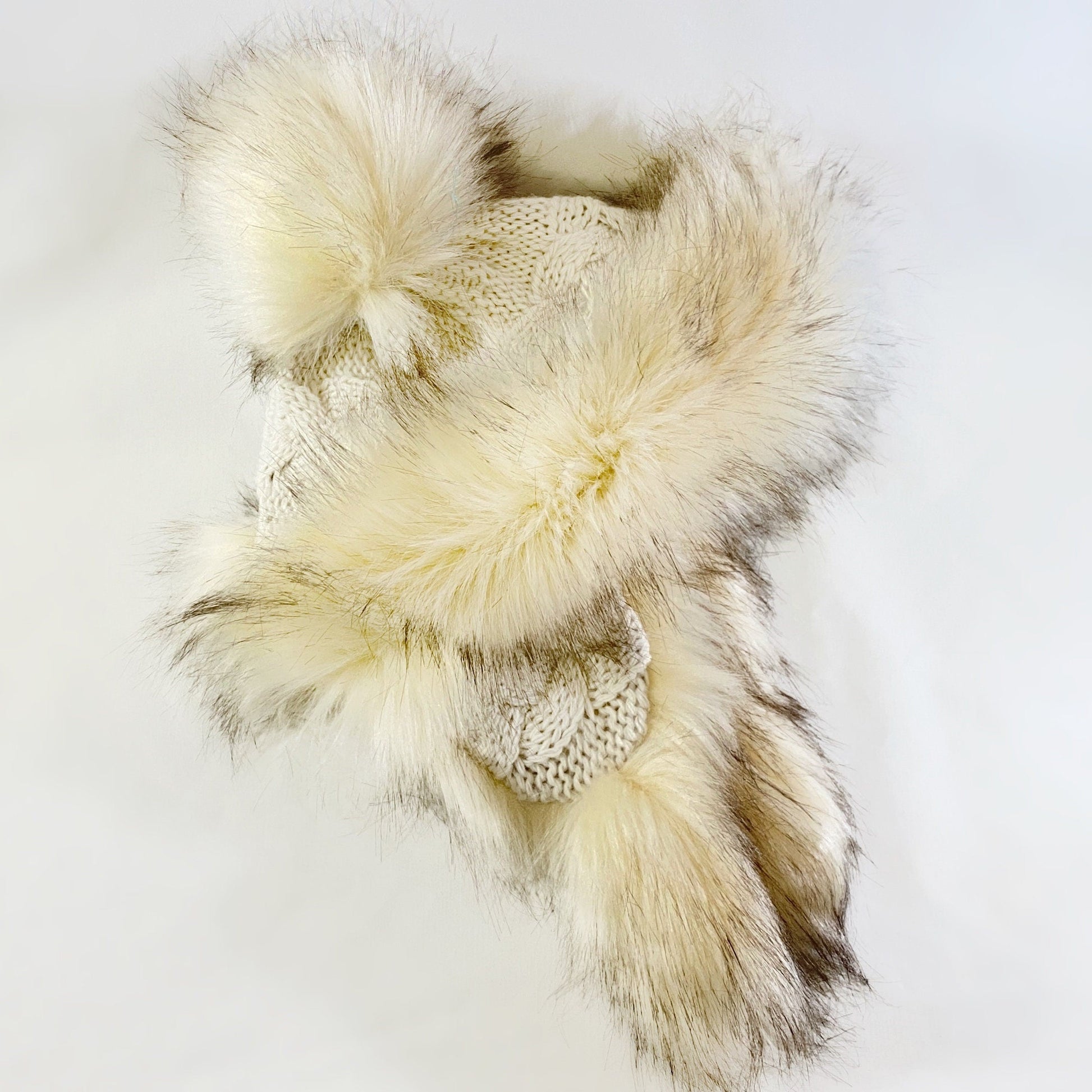 Cream Winter Hat With Flaps and Pom Poms - Made From Italian Wool, Acrylic Yarn, and Faux Fur