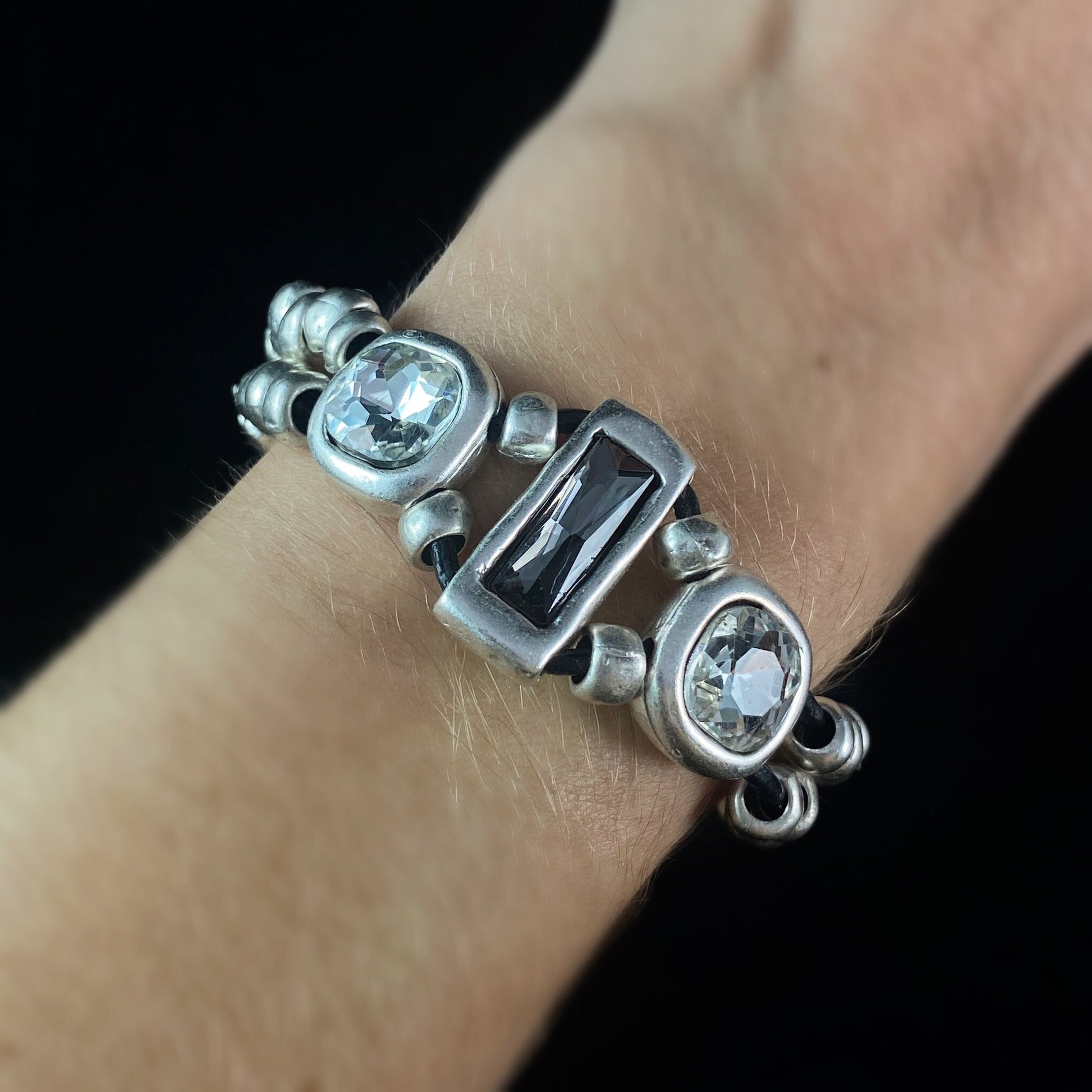Crystal Bracelet with Round Silver Beads and Leather Closure, Handmade, Nickel Free-Noir