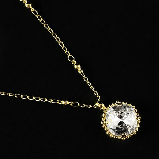Cushion Cut Clear Crystal Pendant Necklace with Decorative