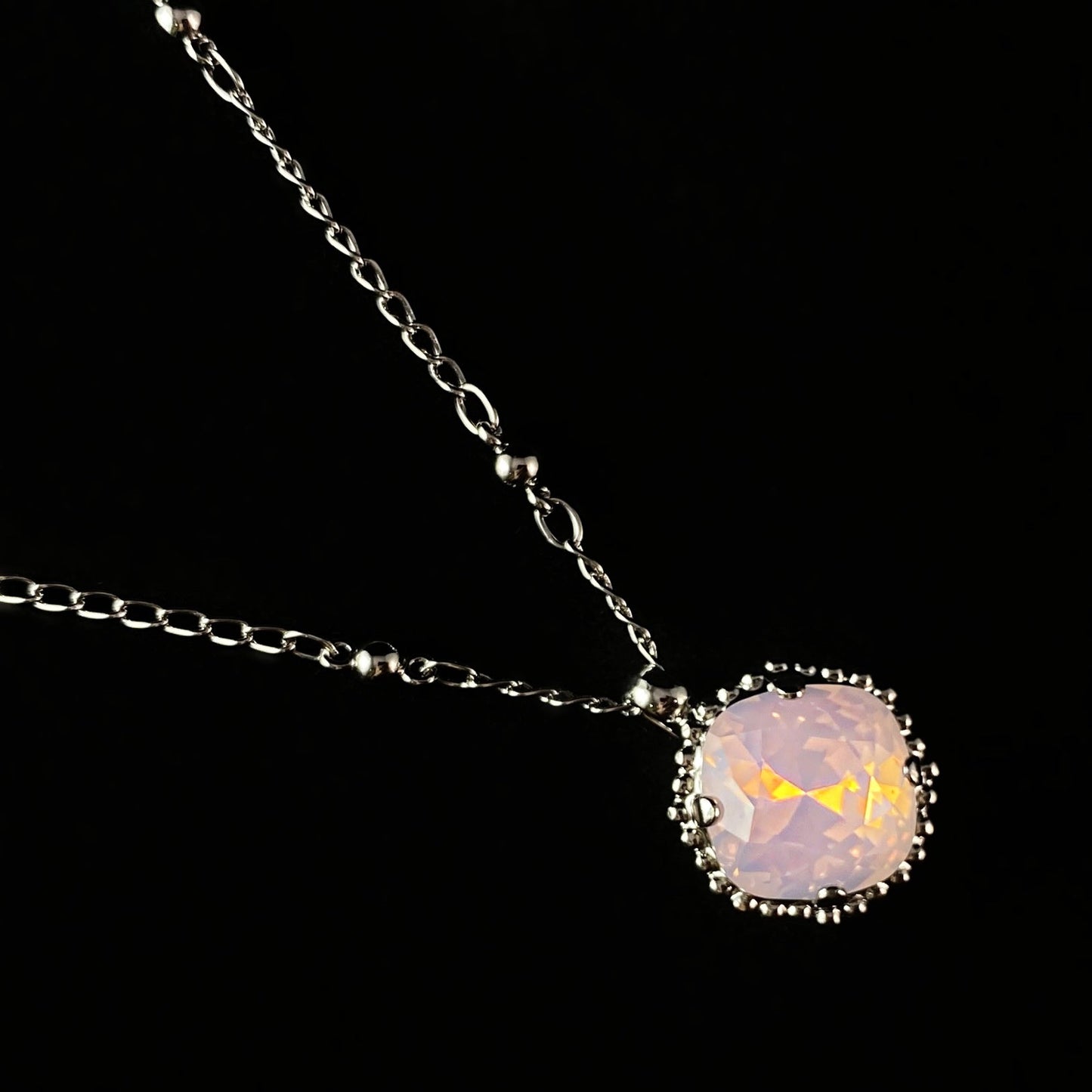 Cushion Cut Crystal Pendant Necklace with Decorative Border