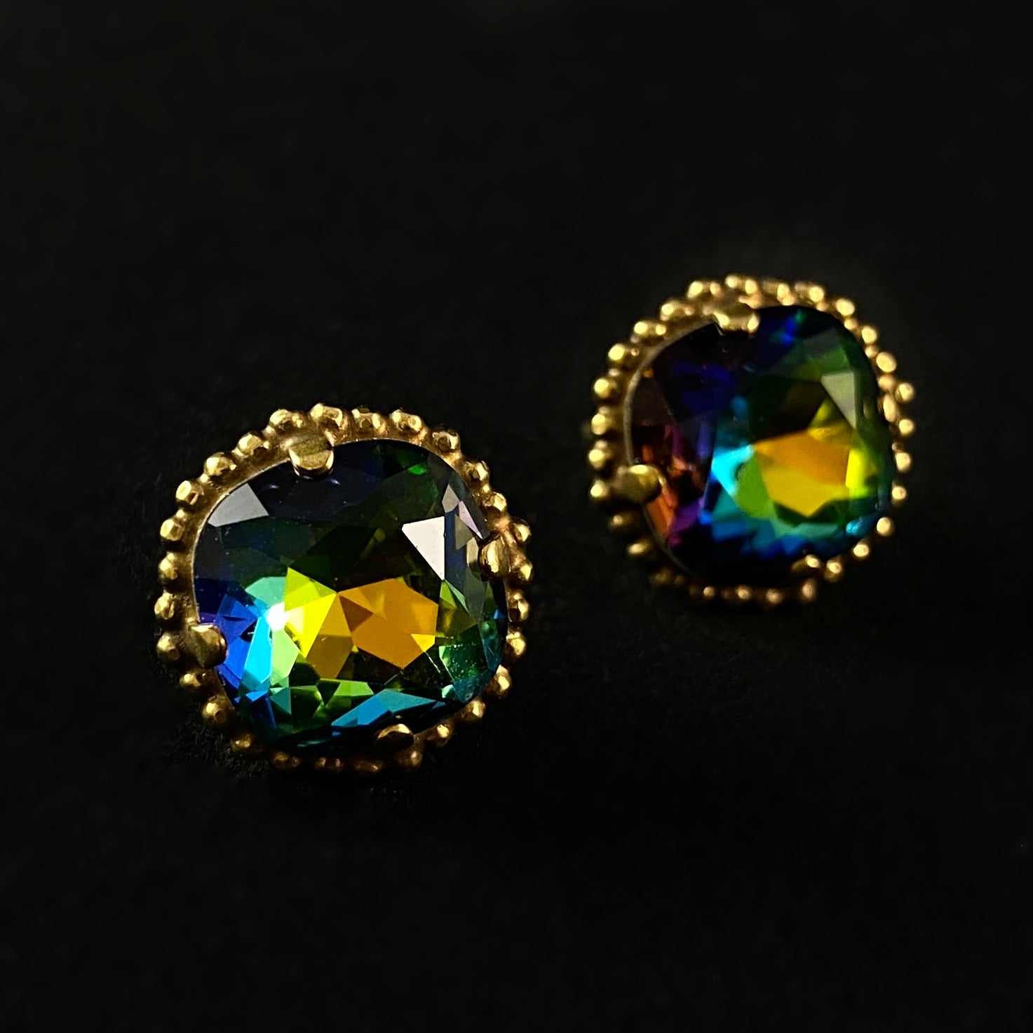 Cushion Cut Multicolor Crystal Stud Earrings with Decorative