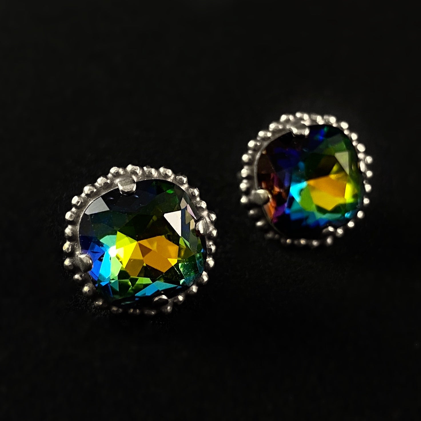 Cushion Cut Multicolor Crystal Stud Earrings with Decorative