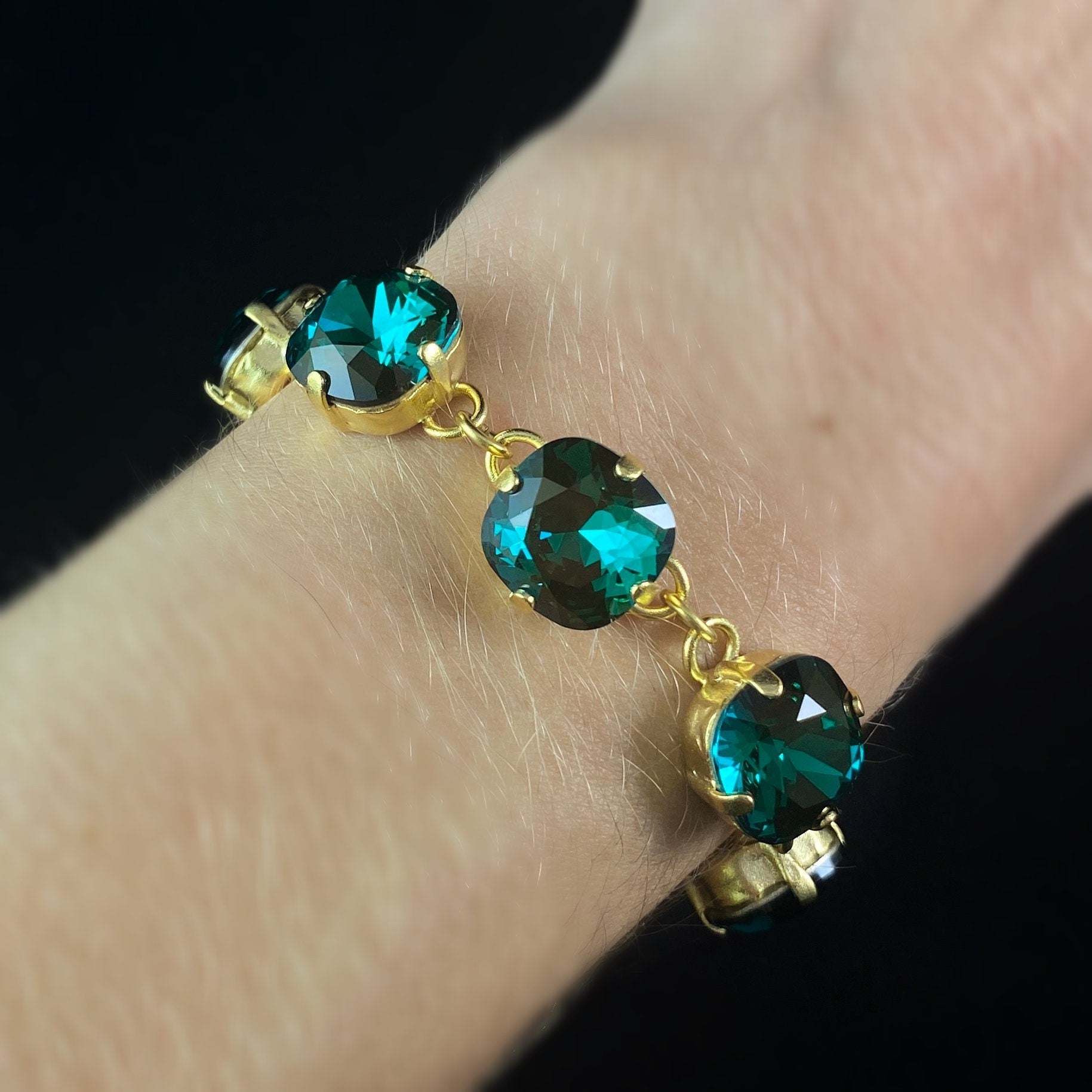 Cushion Cut Swarovski Crystal Bracelet, Rich Forest Green - La Vie Parisienne by Catherine Popesco