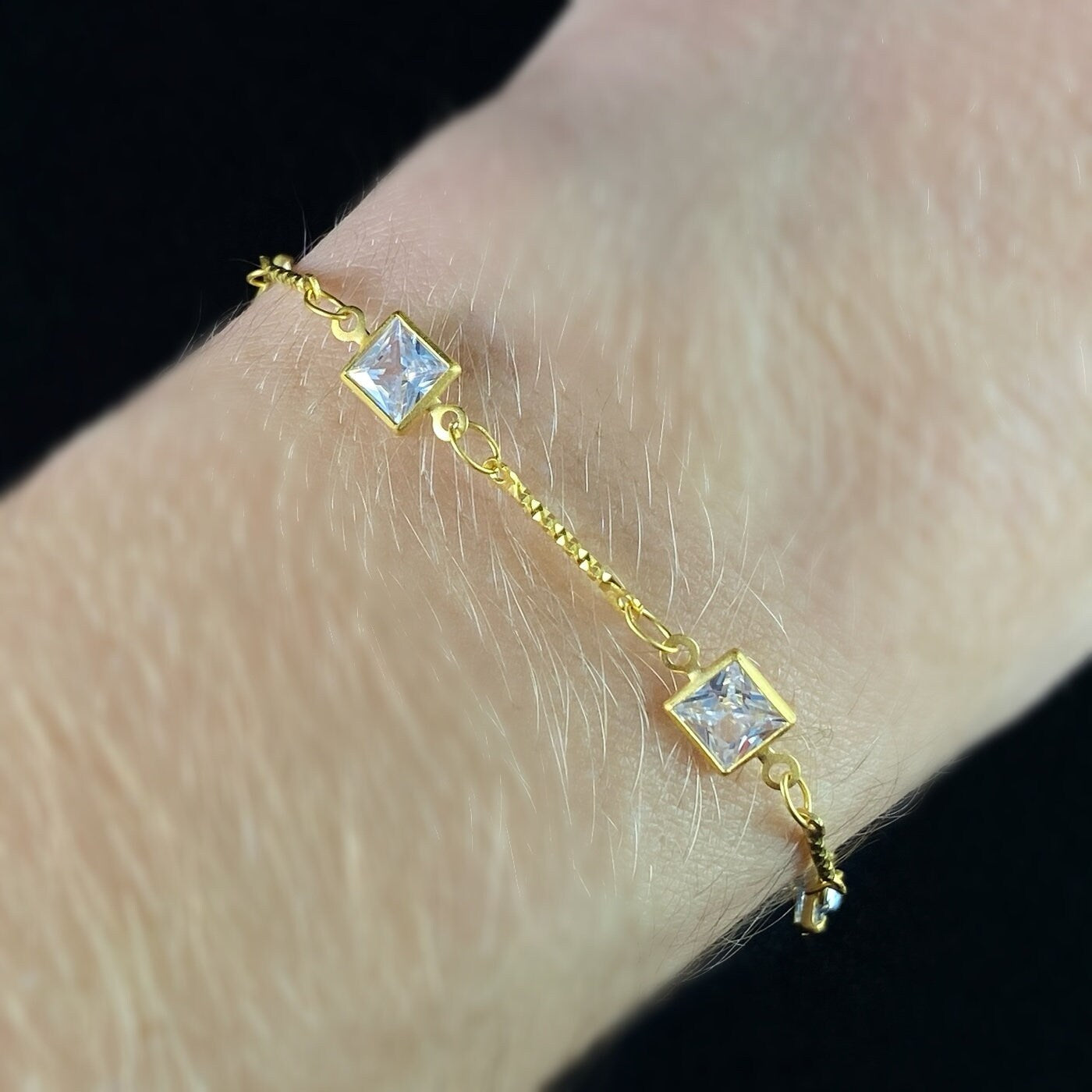 Dainty Gold Chain Bracelet with Square Cut Clear Swarovski Crystals - La Vie Parisienne by Catherine Popesco