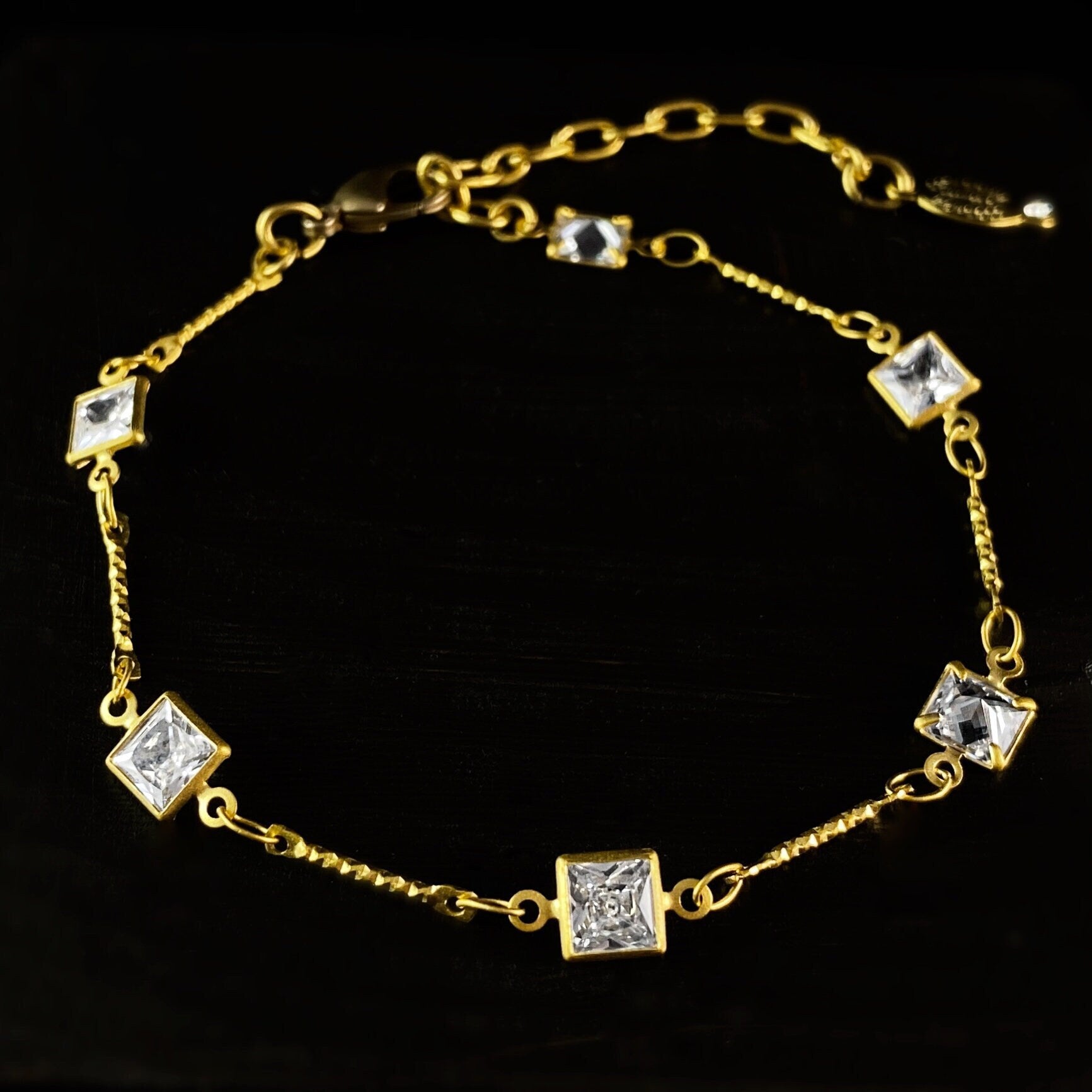 Dainty Gold Chain Bracelet with Square Cut Clear Swarovski Crystals - La Vie Parisienne by Catherine Popesco