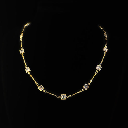 Dainty Gold Chain Necklace with Square Cut Clear Swarovski Crystal - La Vie Parisienne by Catherine Popesco