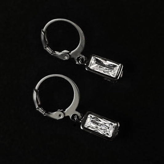 Dainty Gunmetal Rectangle Clear Swarovski Crystal Earrings - VBC