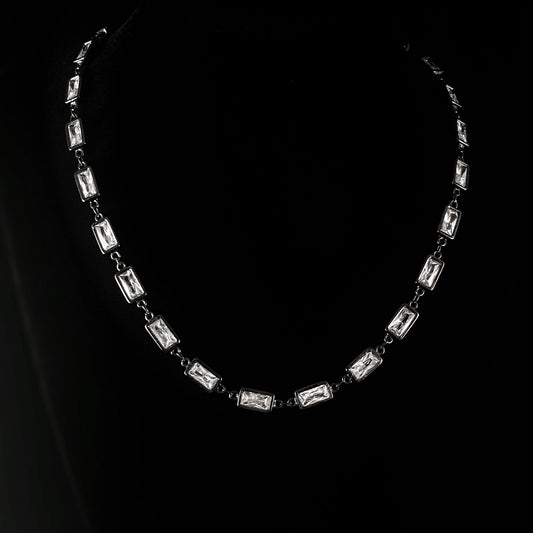 Dainty Gunmetal Rectangle Clear Swarovski Crystal Necklace - VBC