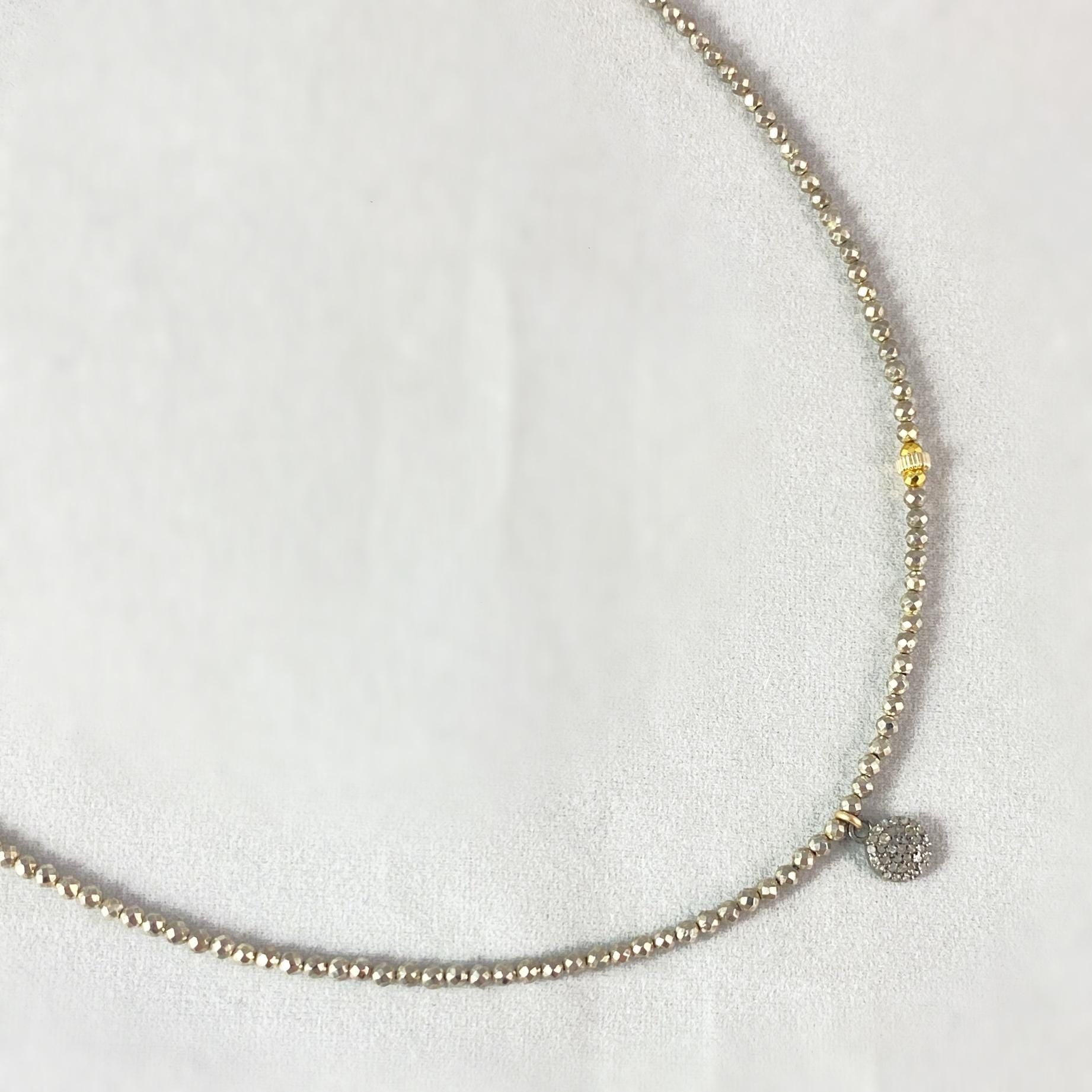 Dainty Pave Diamond Disc, 14kt Gold Bead, and Pyrite Necklace, Handmade in USA - Avaasi
