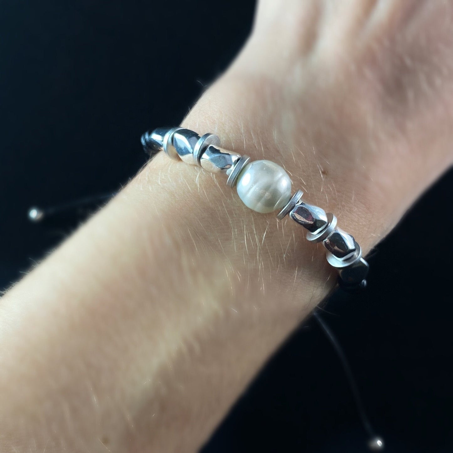 Dainty Silver Beaded Bracelet with Pearl Accent on Leather Cord - Handmade Nickel Free Ulla Jewelry