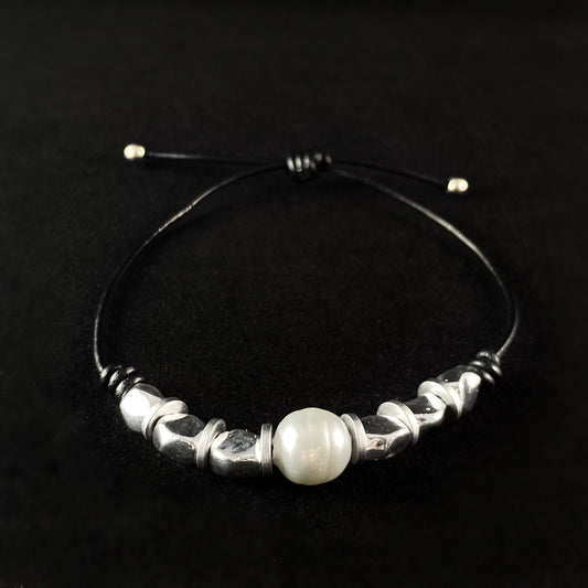 Dainty Silver Beaded Bracelet with Pearl Accent on Leather Cord - Handmade Nickel Free Ulla Jewelry