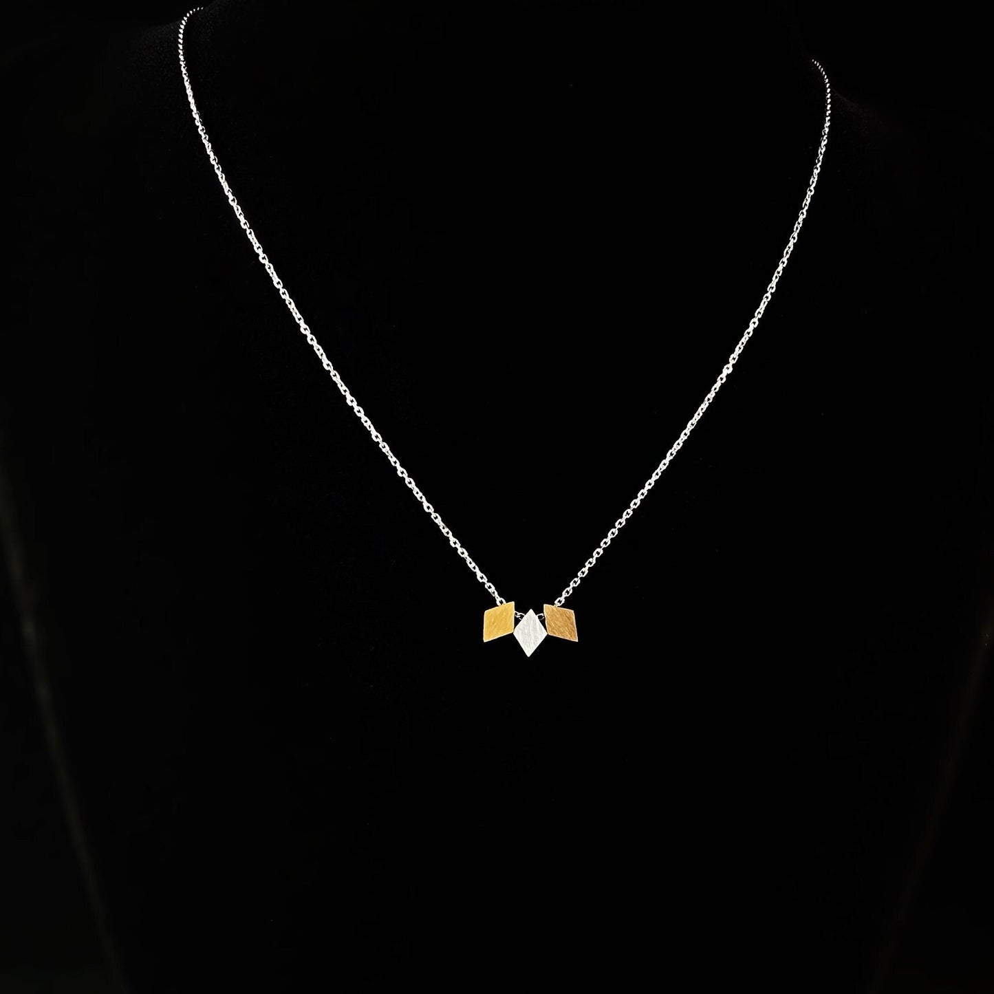 Dainty Silver, Gold, and Rose Gold Triple Diamond Shape Pendant Necklace - Sabrina