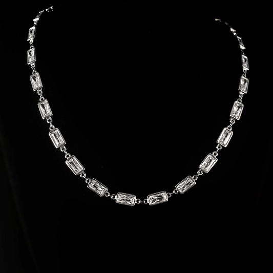 Dainty Silver Rectangle Clear Swarovski Crystal Necklace - VBC