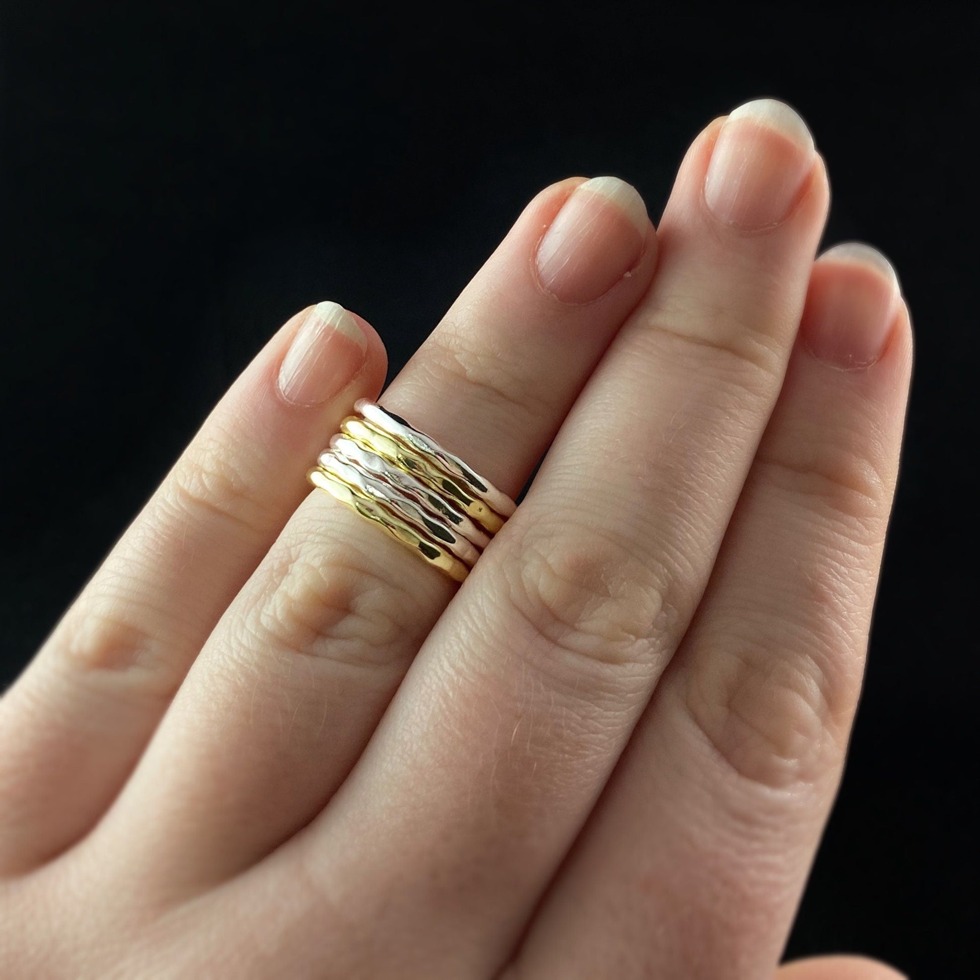 Dainty Stackable Two-Toned Rings Size 7 - Five Stackable 14 Carat Gold & Sterling Silver Plated Rings
