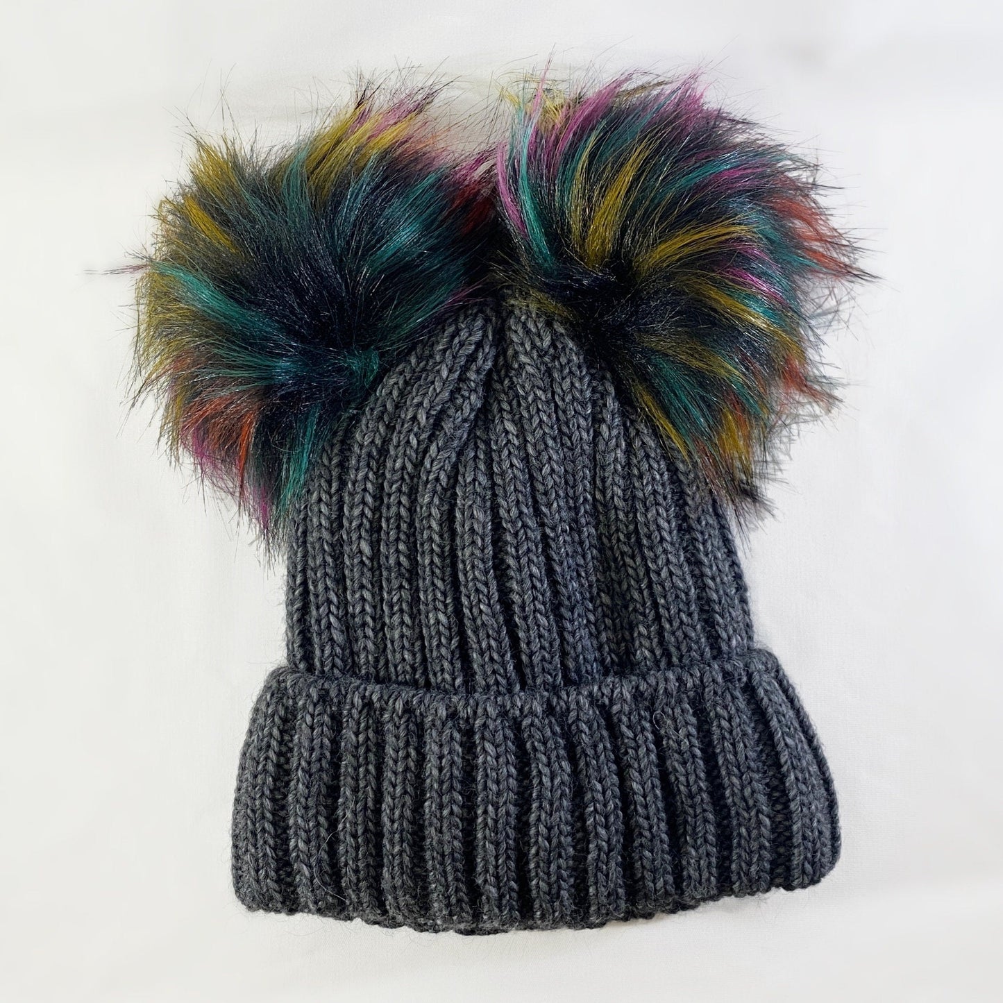Dark Gray Winter Beanie With Dual Multicolor Pompoms - Made From Italian Wool, Acrylic Yarn, and Faux Fur