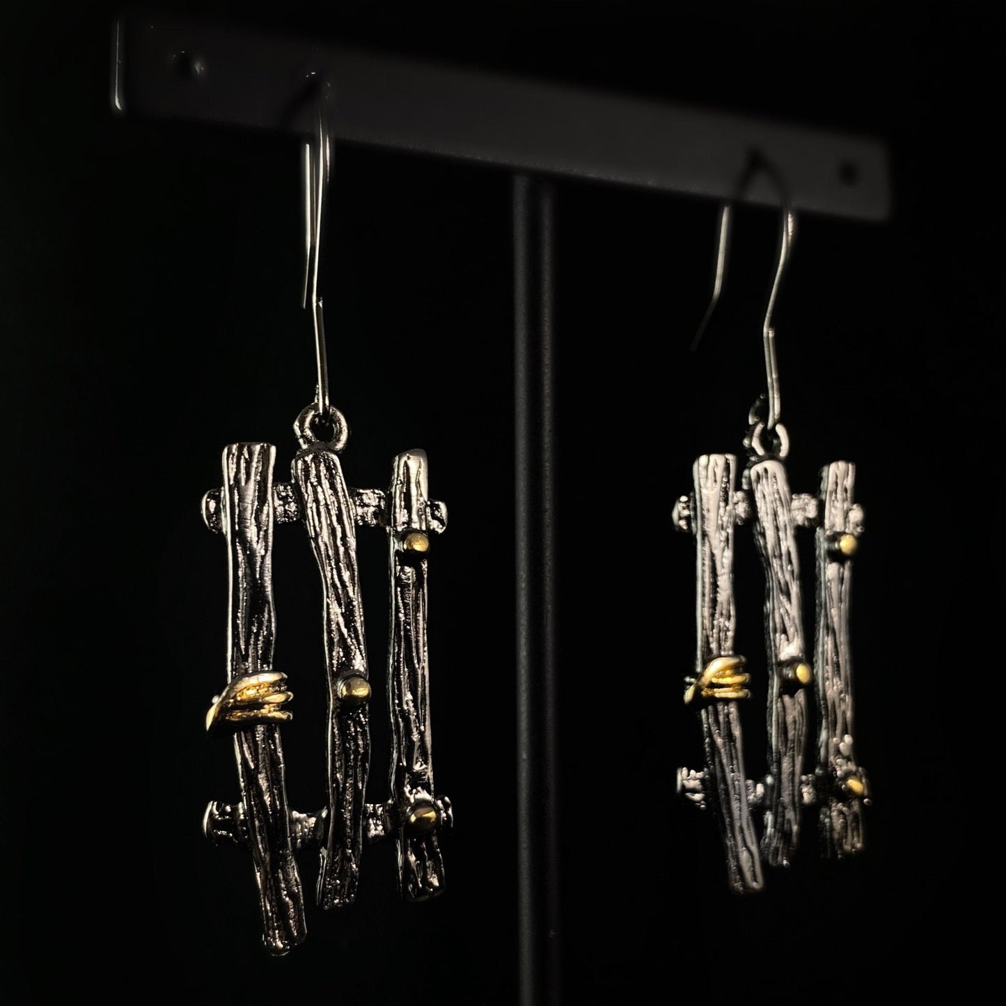 Dark Gunmetal Criss Cross Drop Earrings with Gold Accent, Handmade, Nickel Free - Elegant Minimalist Jewelry for Women
