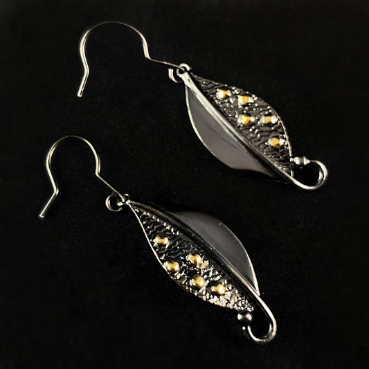 Dark Gunmetal Leaf Earrings with Gold Accent, Handmade, Nickel Free - Elegant Minimalist Jewelry for Women