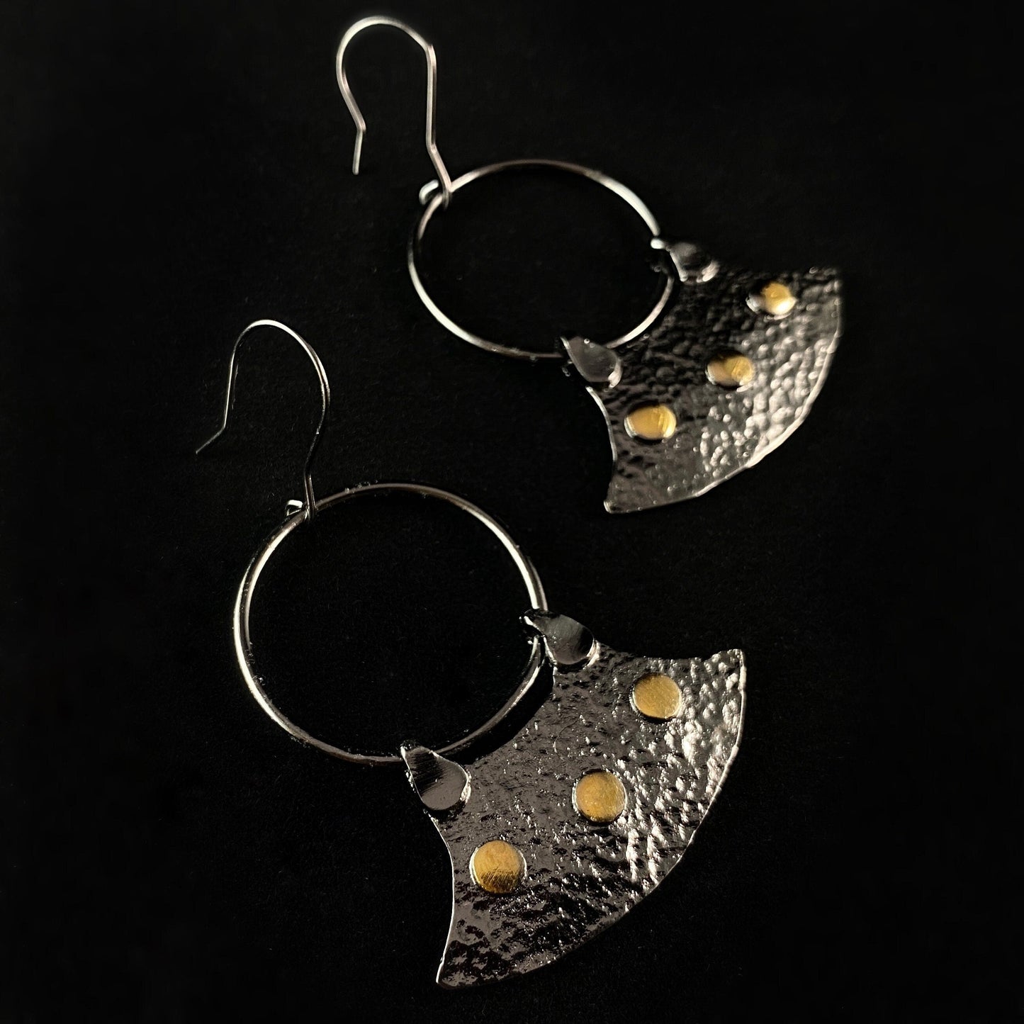 Dark Gunmetal Medallion Earrings with Gold Accent, Handmade, Nickel Free - Elegant Minimalist Jewelry for Women