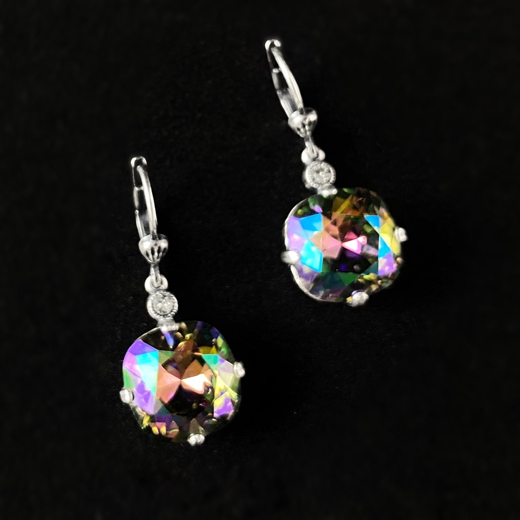 Dark Opal Rainbow Cushion Cut Swarovski Crystal Drop Earrings- La Vie Parisienne by Catherine Popesco
