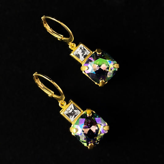Dark Opal Rainbow Square Cut Swarovski Crystal Drop Earrings- La Vie Parisienne by Catherine Popesco