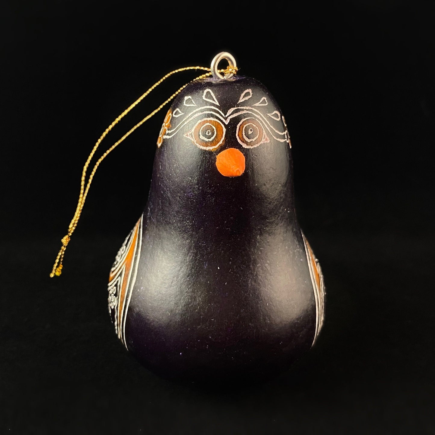 Decorative Black Bird Ornament/Maraca - Hand-Carved and Hand Painted Peruvian Gourd