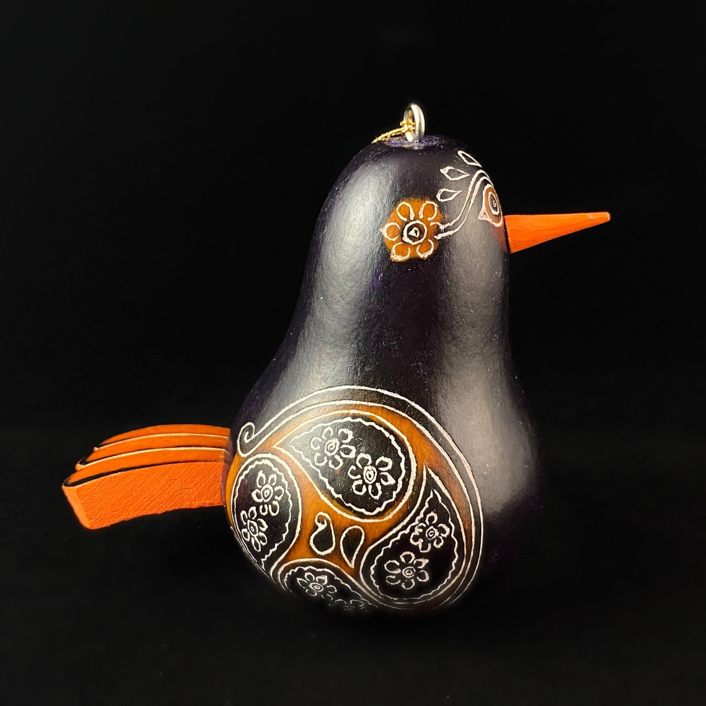 Decorative Black Bird Ornament/Maraca - Hand-Carved and Hand Painted Peruvian Gourd