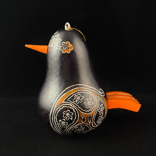 Decorative Black Bird Ornament/Maraca - Hand-Carved and Hand Painted Peruvian Gourd