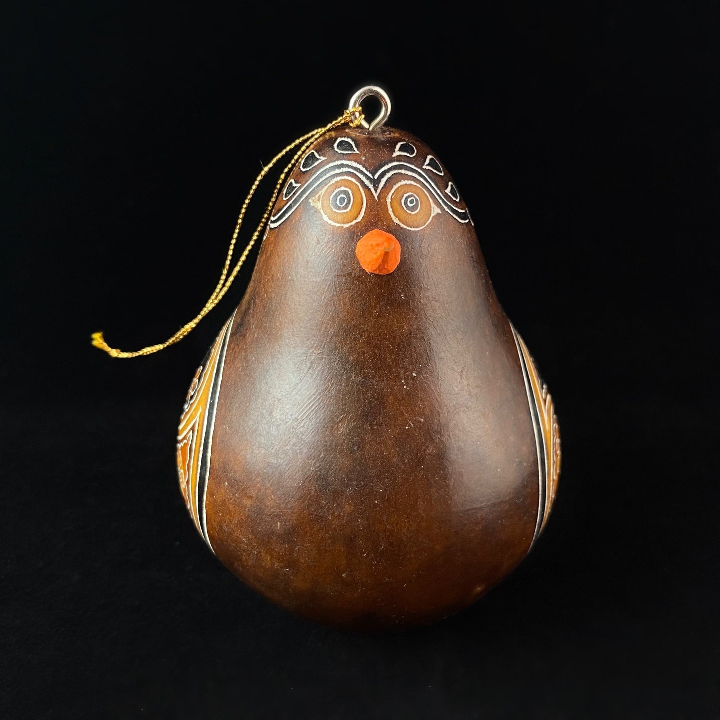 Decorative Brown Bird Ornament/Maraca - Hand-Carved and Hand Painted Peruvian Gourd