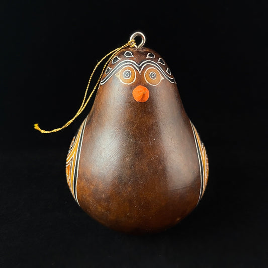 Decorative Brown Bird Ornament/Maraca - Hand-Carved and Hand Painted Peruvian Gourd