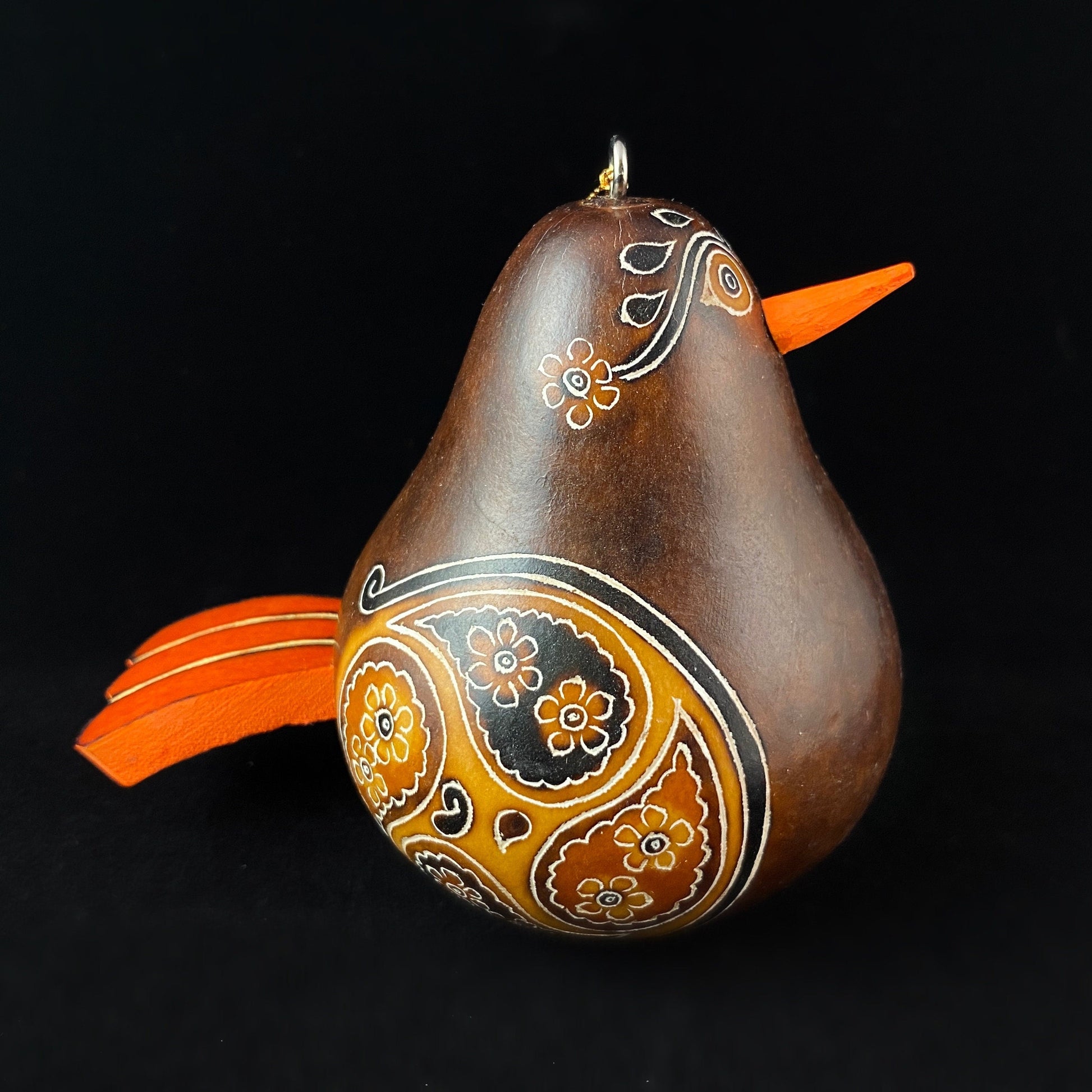 Decorative Brown Bird Ornament/Maraca - Hand-Carved and Hand Painted Peruvian Gourd