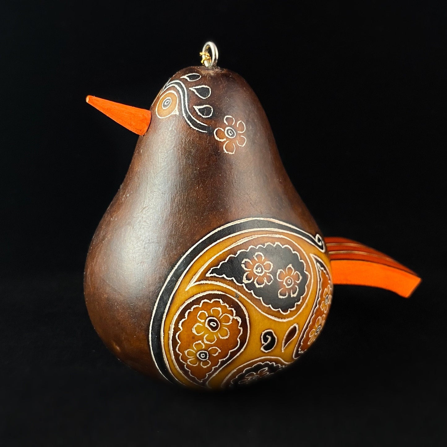 Decorative Brown Bird Ornament/Maraca - Hand-Carved and Hand Painted Peruvian Gourd