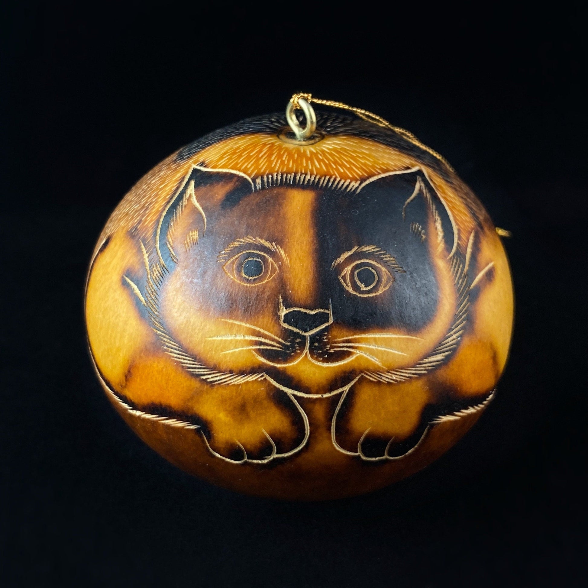 Decorative Brown Kitten Ornament/Maraca - Hand-Carved and Hand Painted Peruvian Gourd