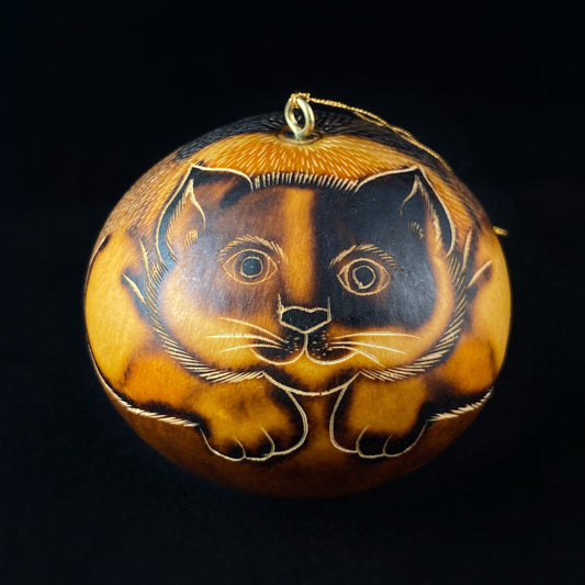 Decorative Brown Kitten Ornament/Maraca - Hand-Carved and Hand Painted Peruvian Gourd