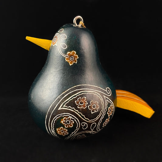 Decorative Green Bird Ornament/Maraca - Hand-Carved and Hand Painted Peruvian Gourd