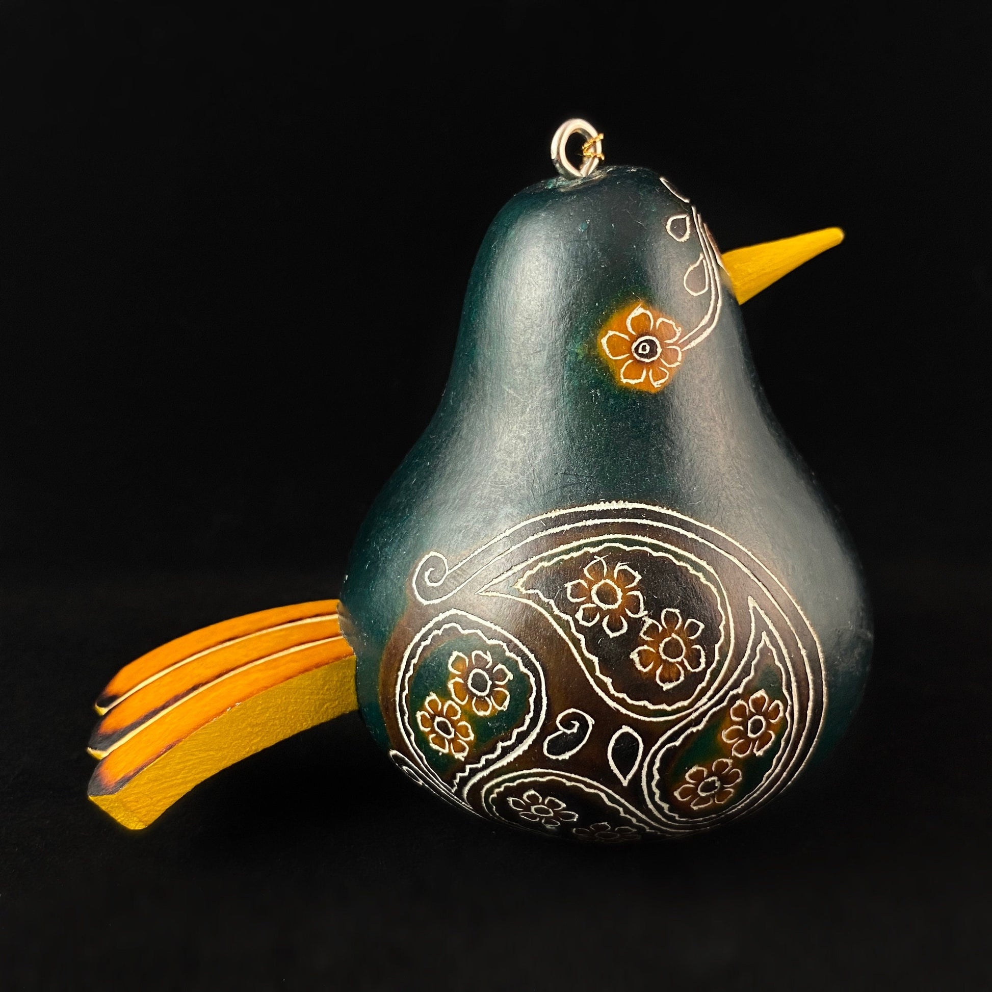 Decorative Green Bird Ornament/Maraca - Hand-Carved and Hand Painted Peruvian Gourd