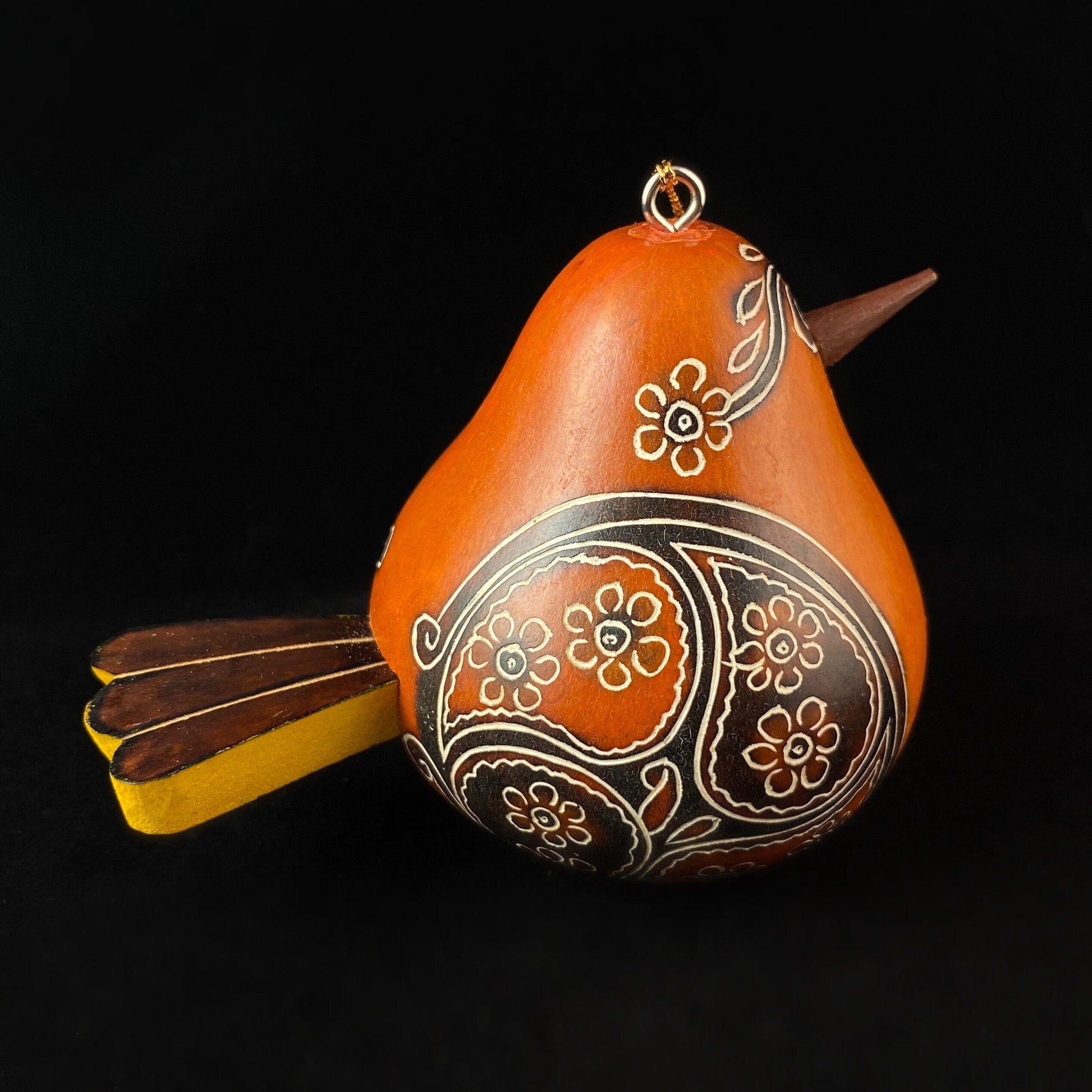 Decorative Orange Bird Ornament/Maraca - Hand-Carved and Hand Painted Peruvian Gourd